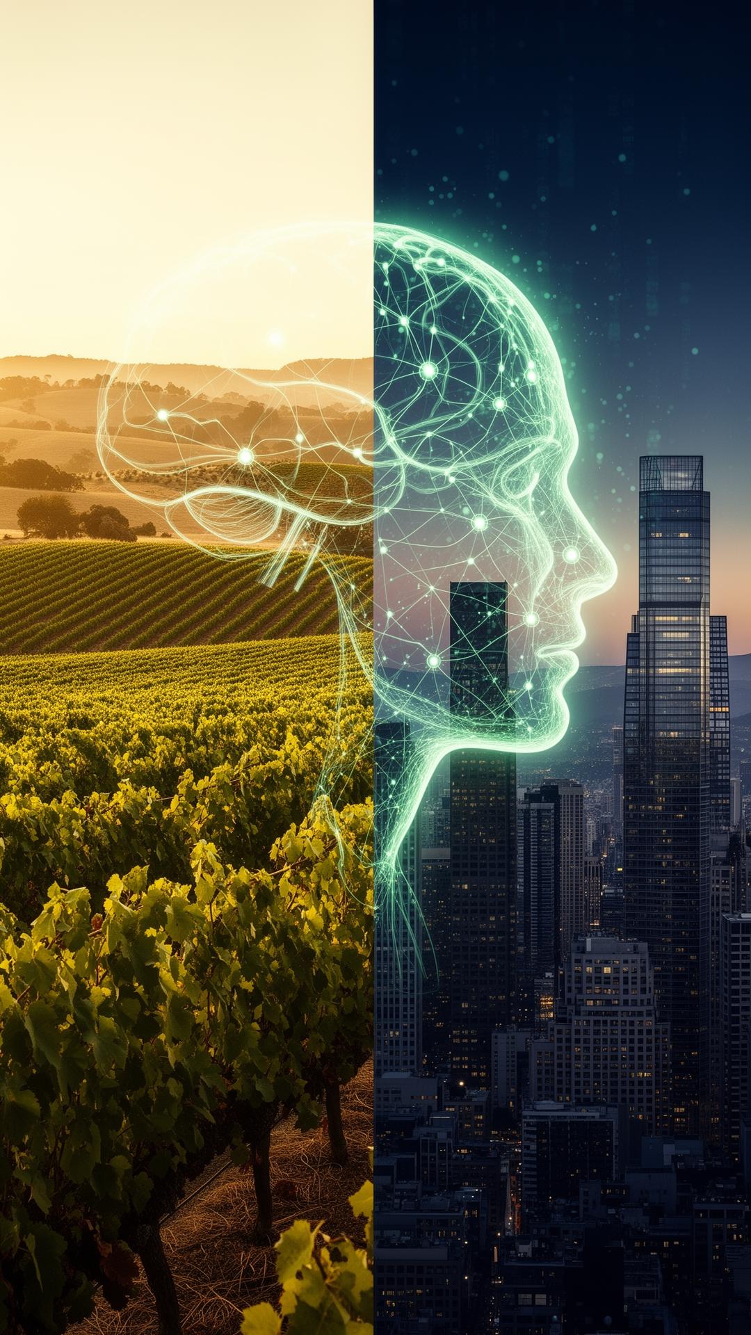 North Bay California vineyard at golden hour with a data network overlay
